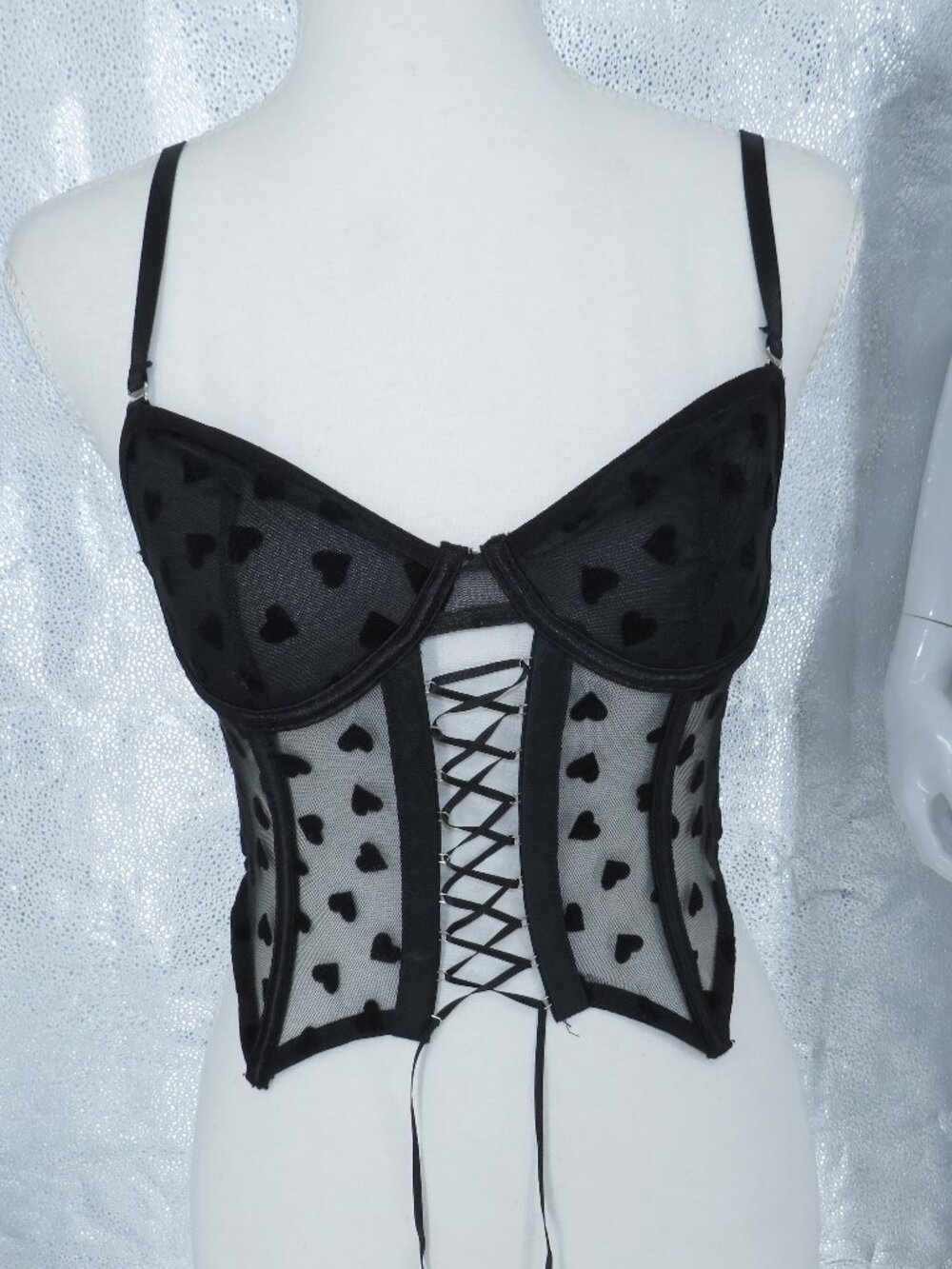 Body Rage Corset Top Black Small Mesh Heart Lace Up Bustier Lingerie Spencers